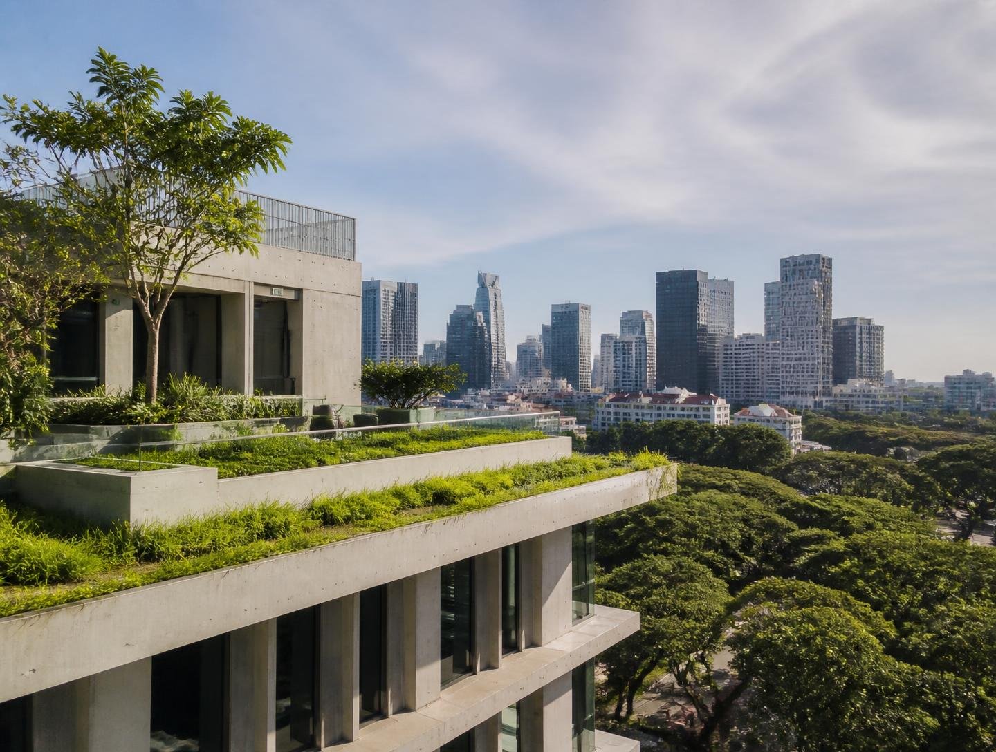 Planted roof terrace above a concrete building overlooking a city